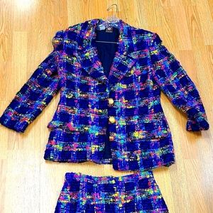 Vintage Anne Klein Boucle Tweed, plaid Skirt Suit